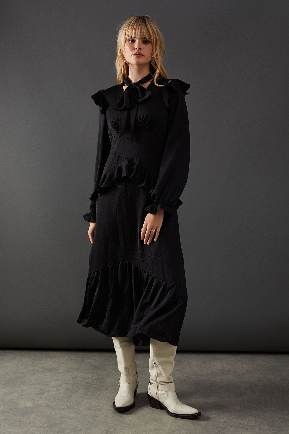 Warehouse Satin Tie Neck Ruffle Midi Dress Black image 1
