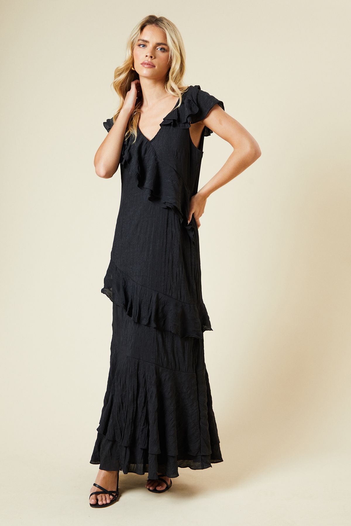 Dorothy Perkins Petite DP Luxe Textured Sleeveless Ruffle Midi Dress Black