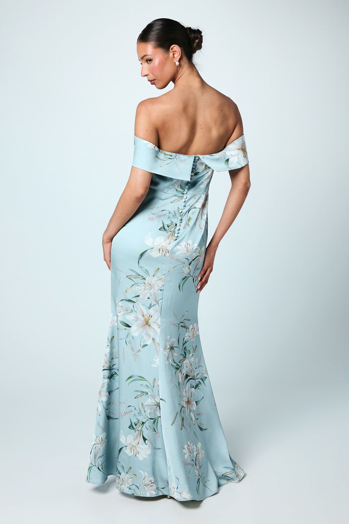 Coast Printed Bardot Satin Bridesmaid Dress Sage image 3