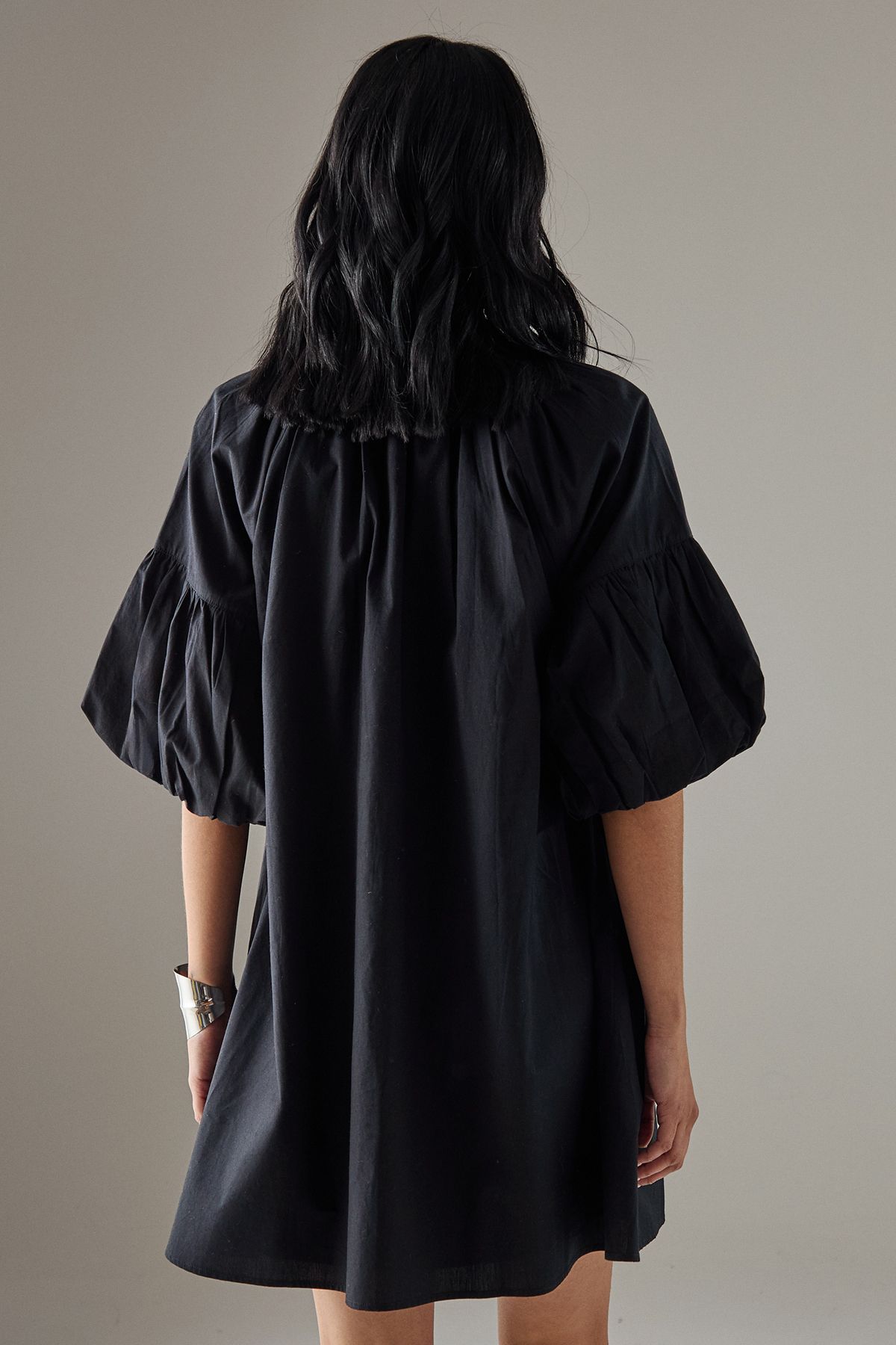 Warehouse Cotton Tie Front Mini Smock Dress Black image 3