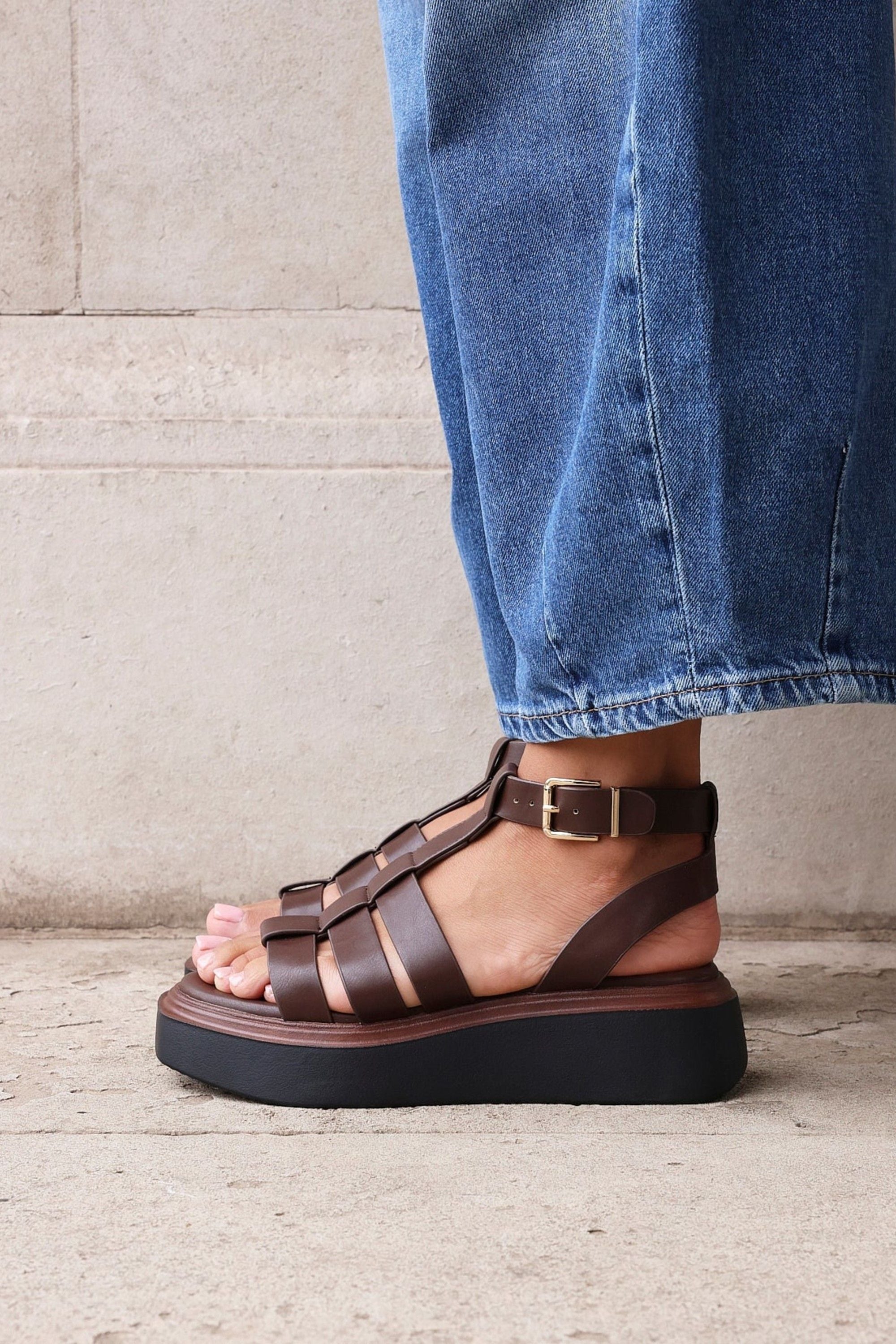 Linzi Vault Brown Faux Leather Gladiator Style Flatform Sandals image 6