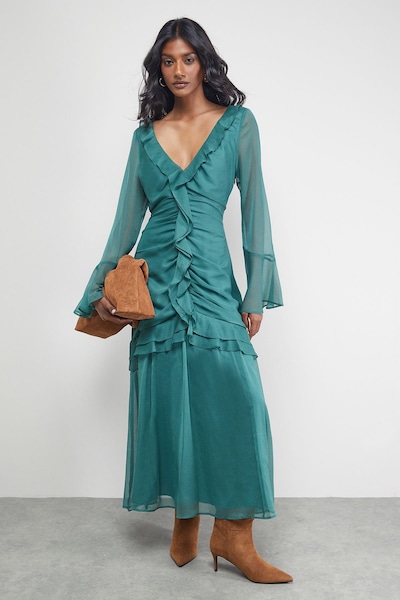 Warehouse Chiffon Ruffle Gathered Bodice Midi Dress Dark Green