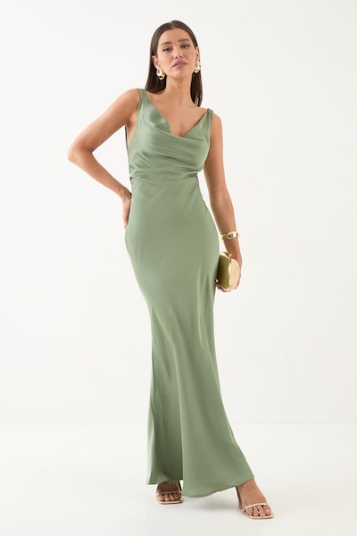 MissPap Premium Satin Cowl Neck Fishtail Maxi Bridesmaid Dress Sage