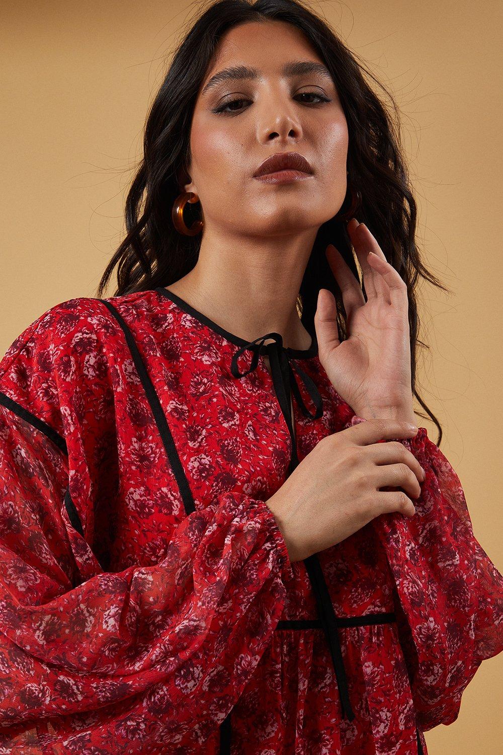 Oasis Binding Detail Chiffon Mini Dress Red image 2