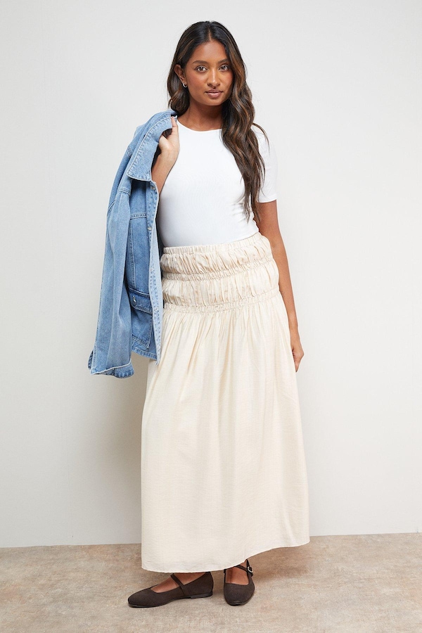 Oasis Shirred Waist Midi Skirt Ivory