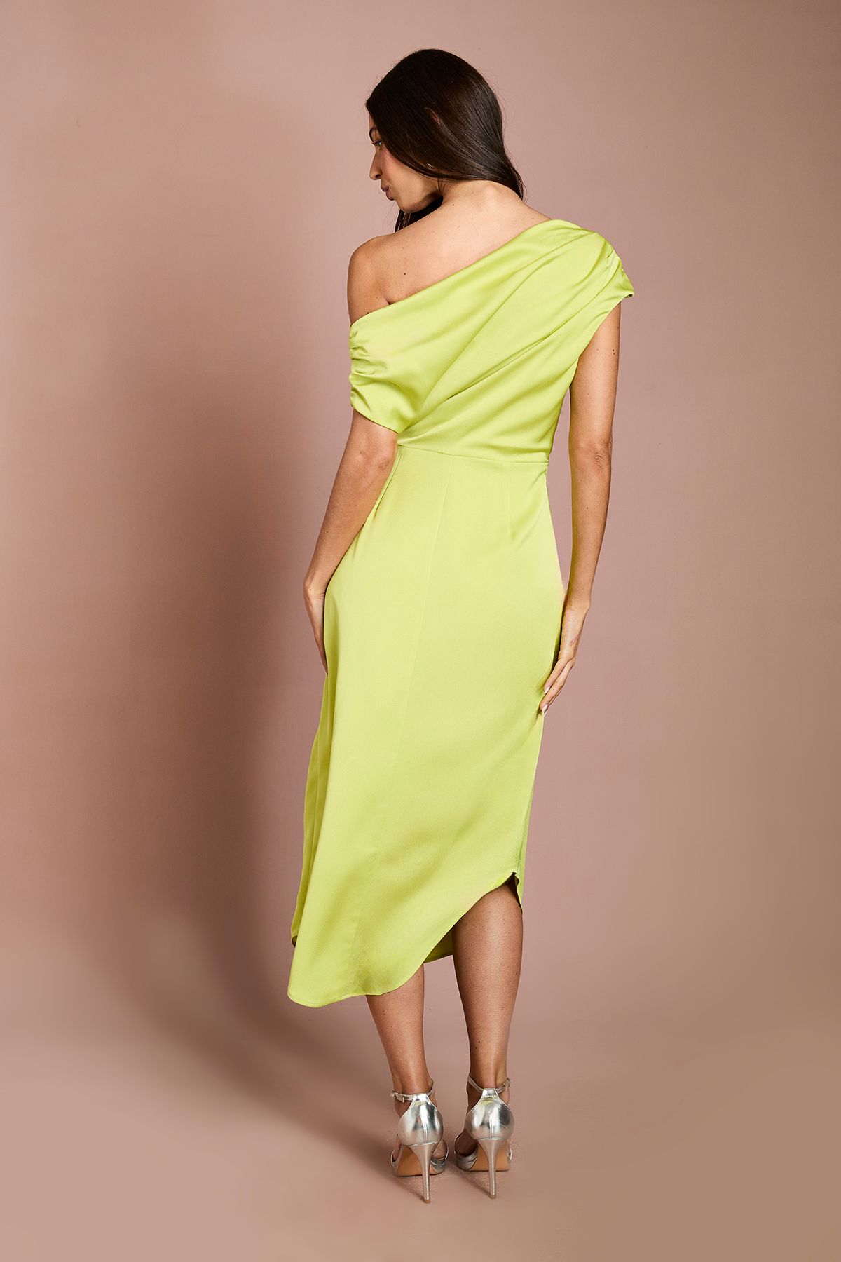 Coast Satin Ruched One Shoulder Asymmetric Hem Midi Dress Olive image 3