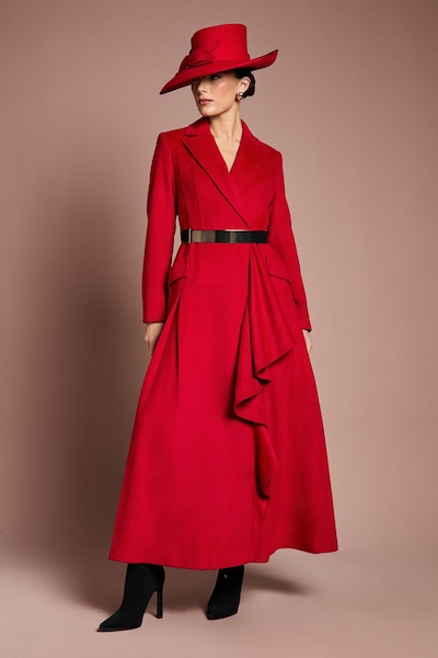 Coast Lisa Tan Occasion Gold Belt Ruffle Detail Longline Coat Red