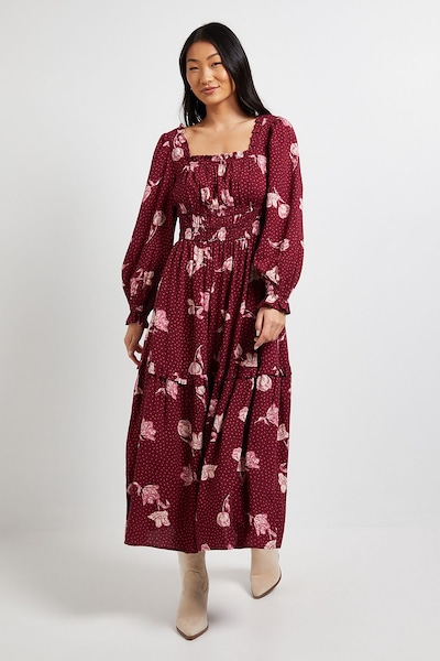 Dorothy Perkins Petite Berry Floral Square Neck Blouson Sleeve Tiered Maxi Dress Berry