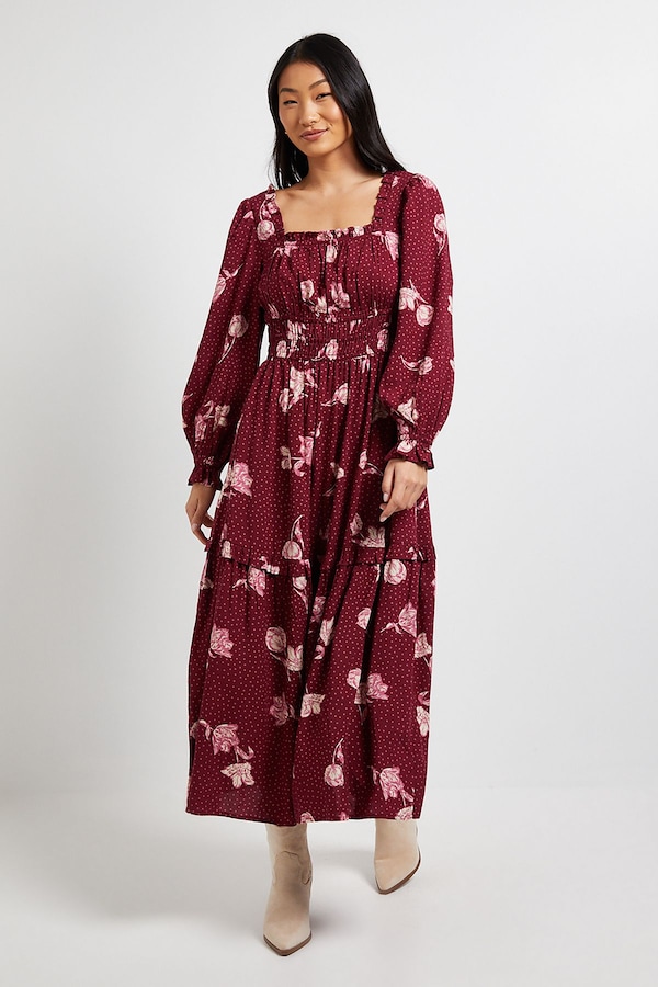 Dorothy Perkins Petite Berry Floral Square Neck Blouson Sleeve Tiered Maxi Dress Berry