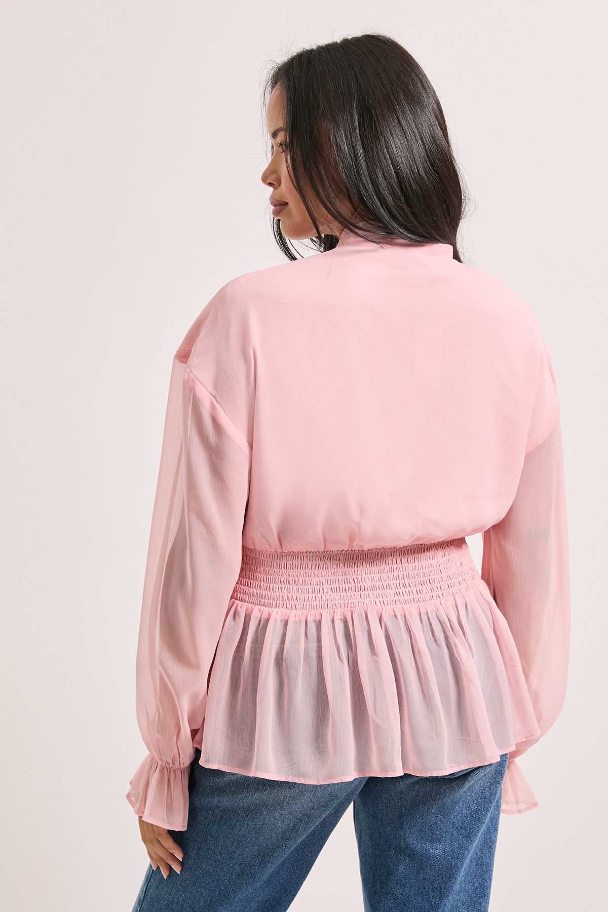 Dorothy Perkins Tie Neck Shirred Waist Boho Blouse Blush image 3