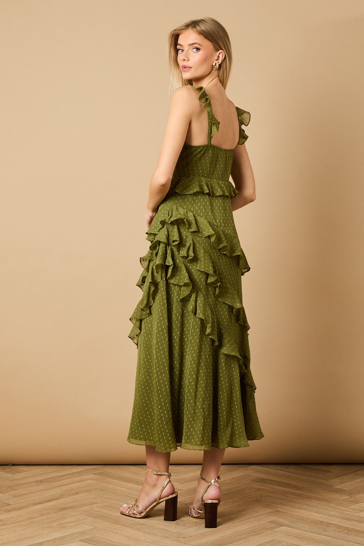 Oasis Dobby Ruffle V Neck Tiered Midi Dress Khaki image 4