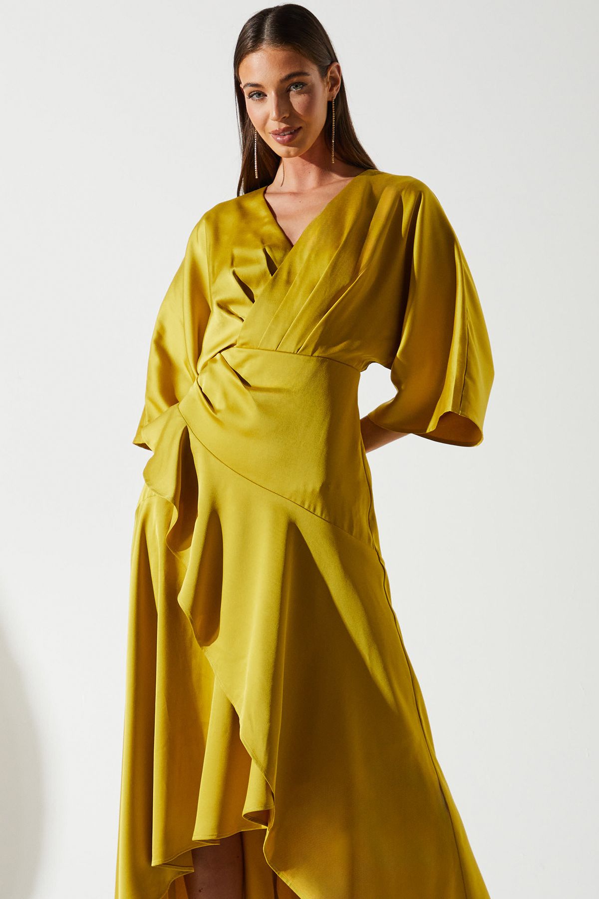 Coast Satin Back Crepe Ruffle Wrap Midi Dress Olive image 2