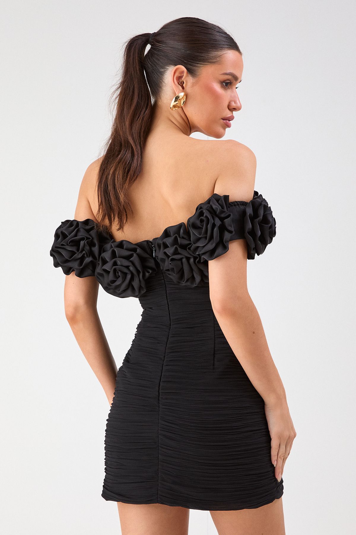 MissPap Premium Ruffle Floral Bardot Mini Dress Black image 4