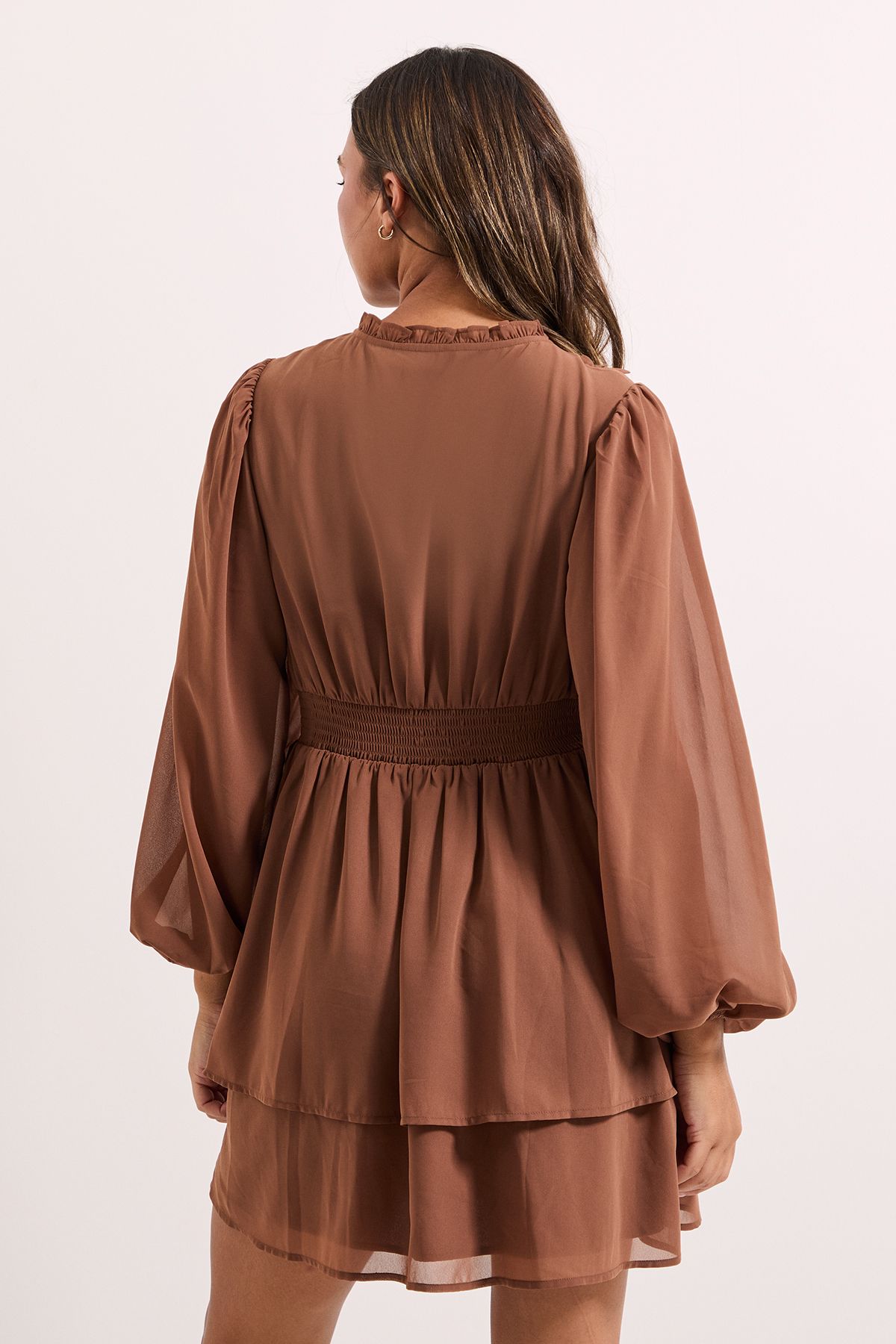 Dorothy Perkins Tie Neck Tiered Skirt Mini Dress Mocha image 4