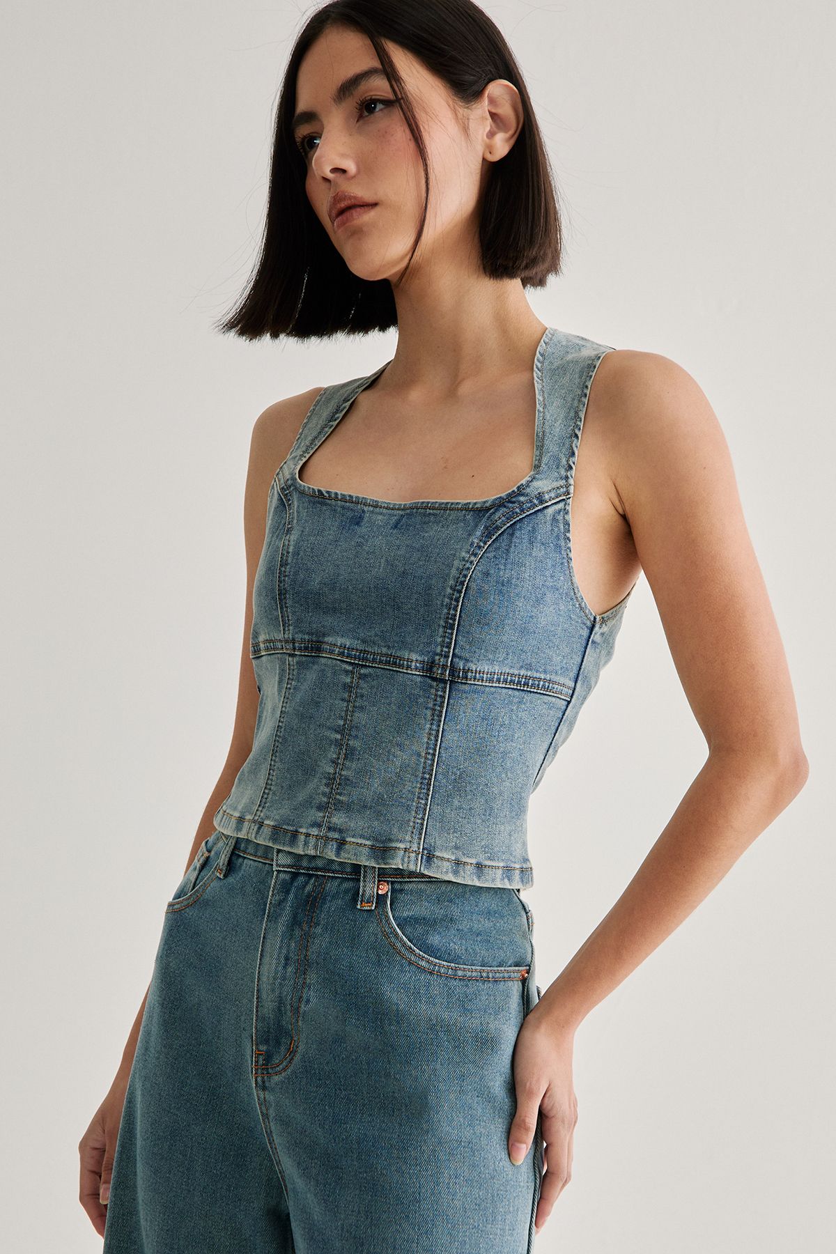 NastyGal Denim Lace Back Top Vintage Wash