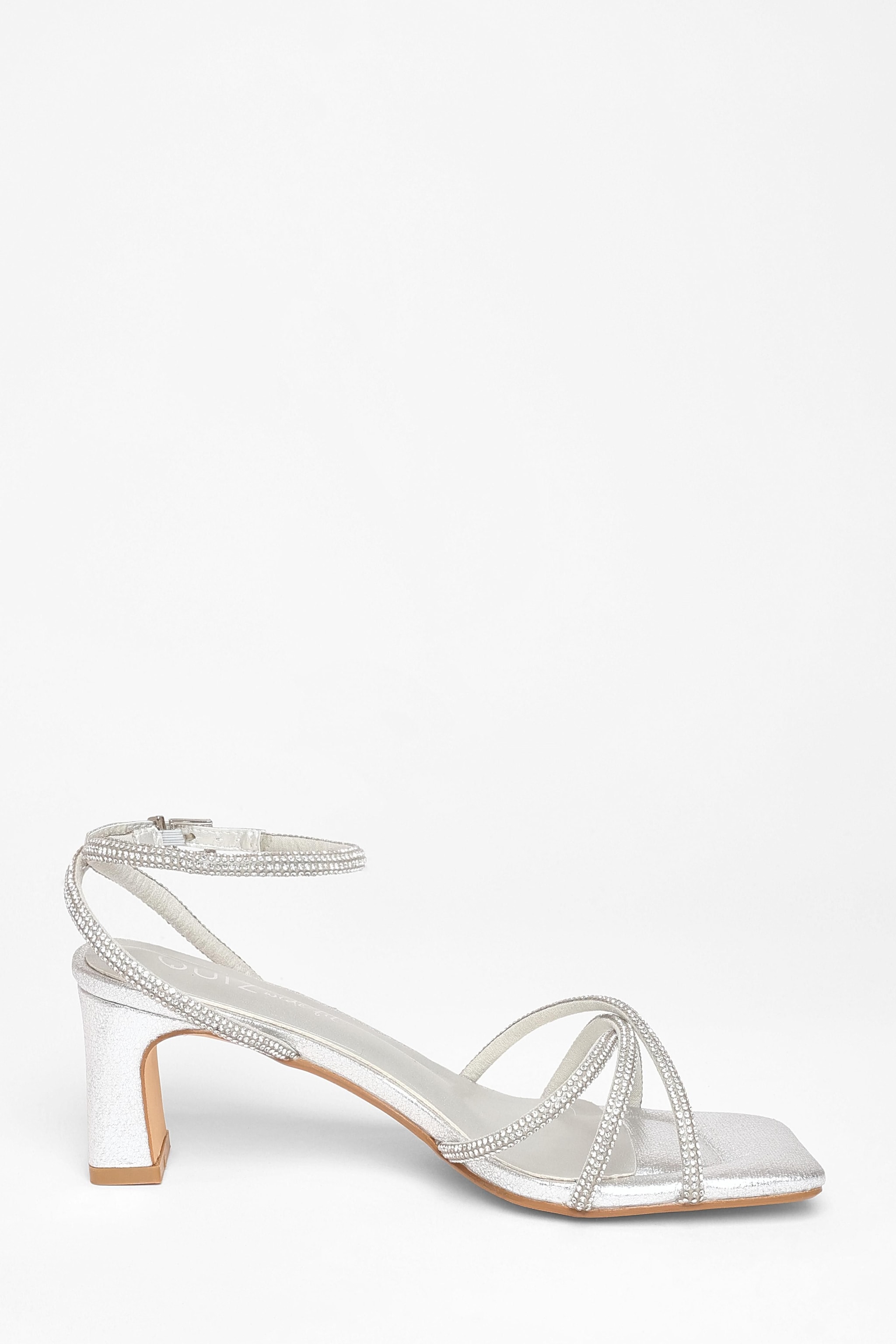 Quiz Silver Wide Fit Diamante Strap Block Heels image 5