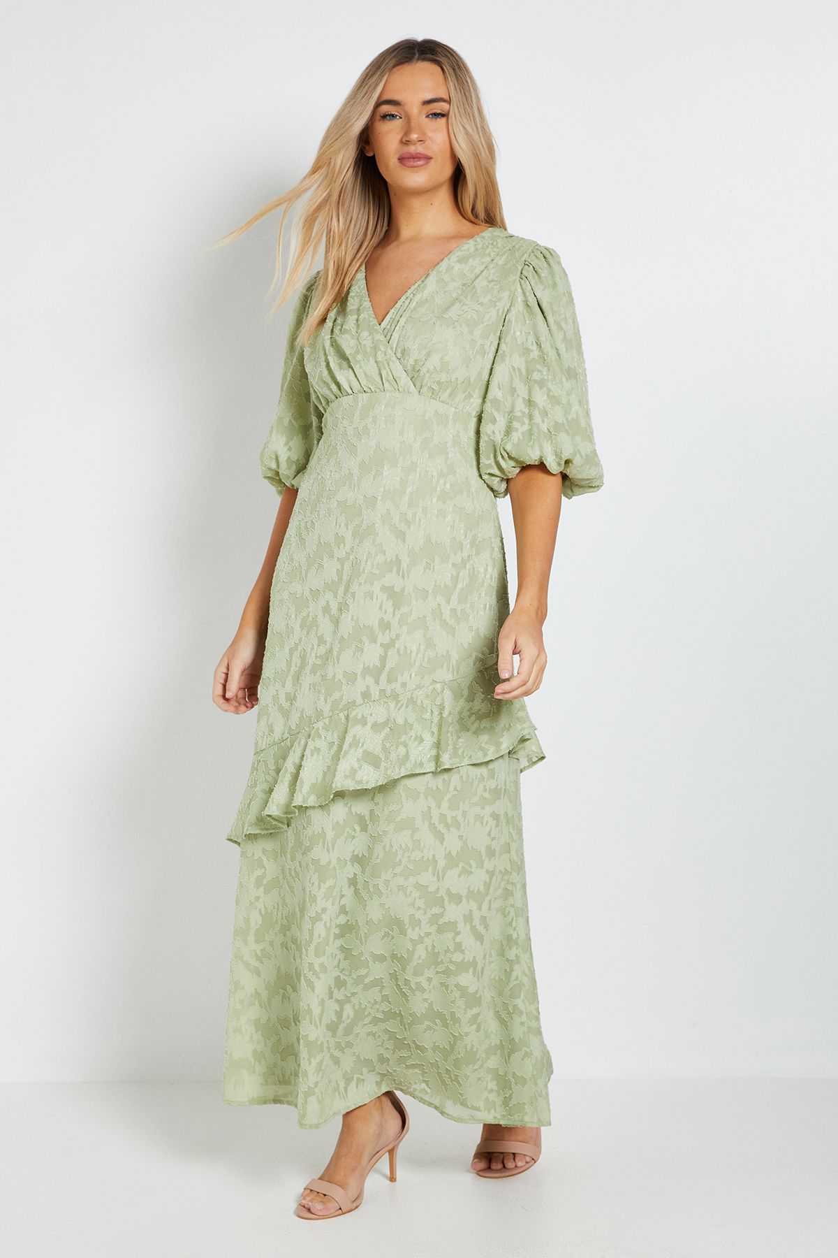 Dorothy Perkins Petite DP Luxe Wrap Front Puff Sleeve Ruffle Maxi Dress Sage
