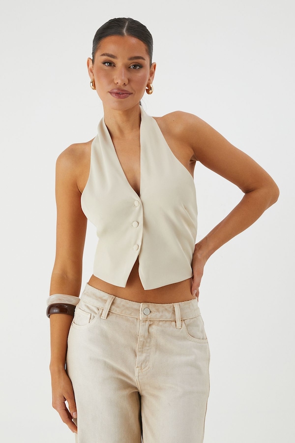 MissPap Tailored Halter Neck Waistcoat Stone