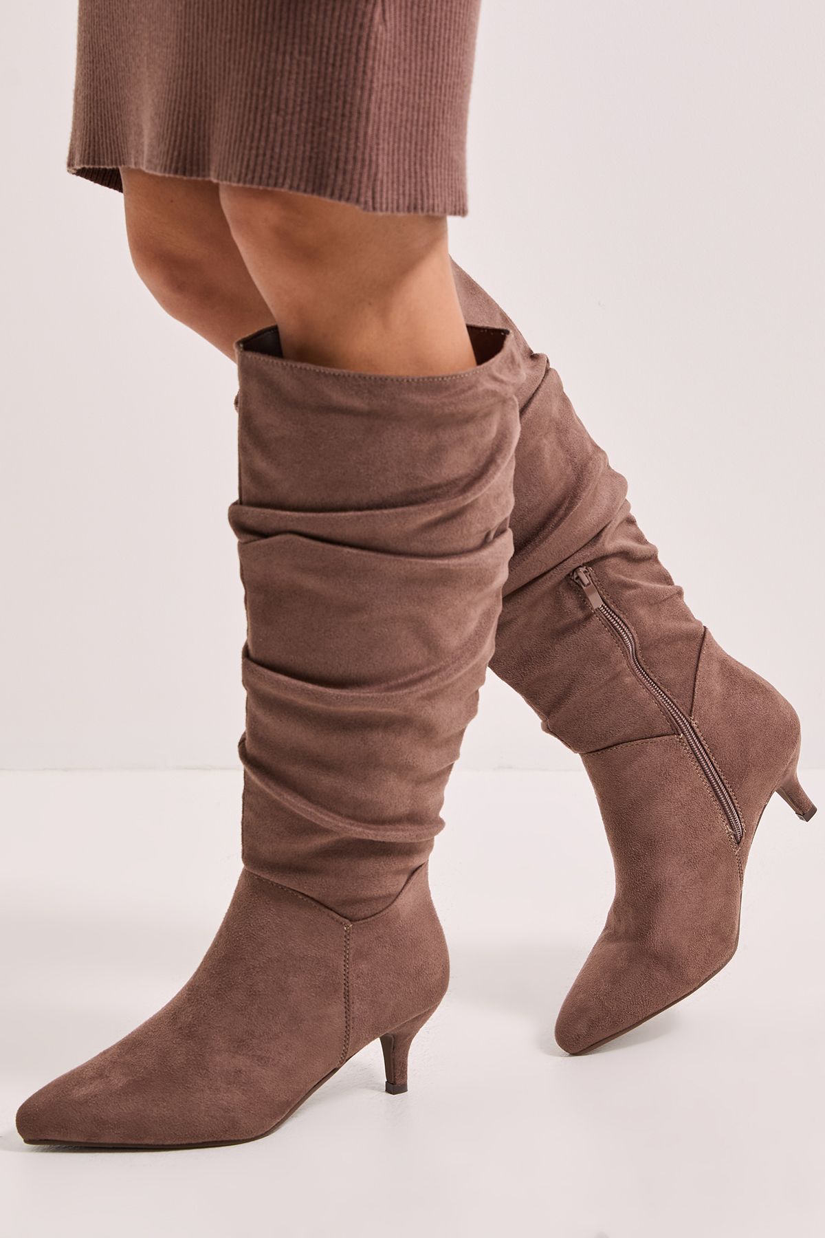 Dorothy Perkins Khloe Faux Suede Kitten Heel Knee High Ruched Boots Taupe image 2