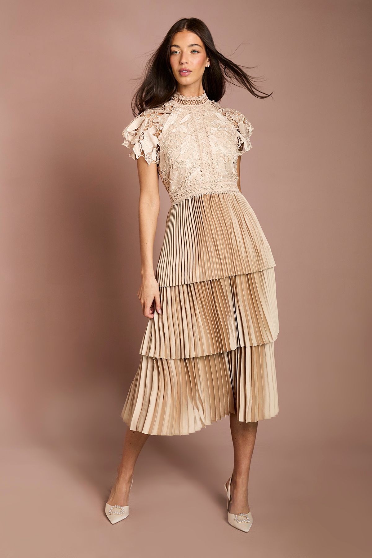 Coast Satin Lace Tiered Dress Champagne