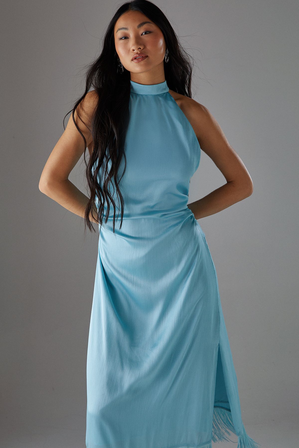 Warehouse Petite Crinkle Satin Halter Fringe Midi Dress Blue image 2