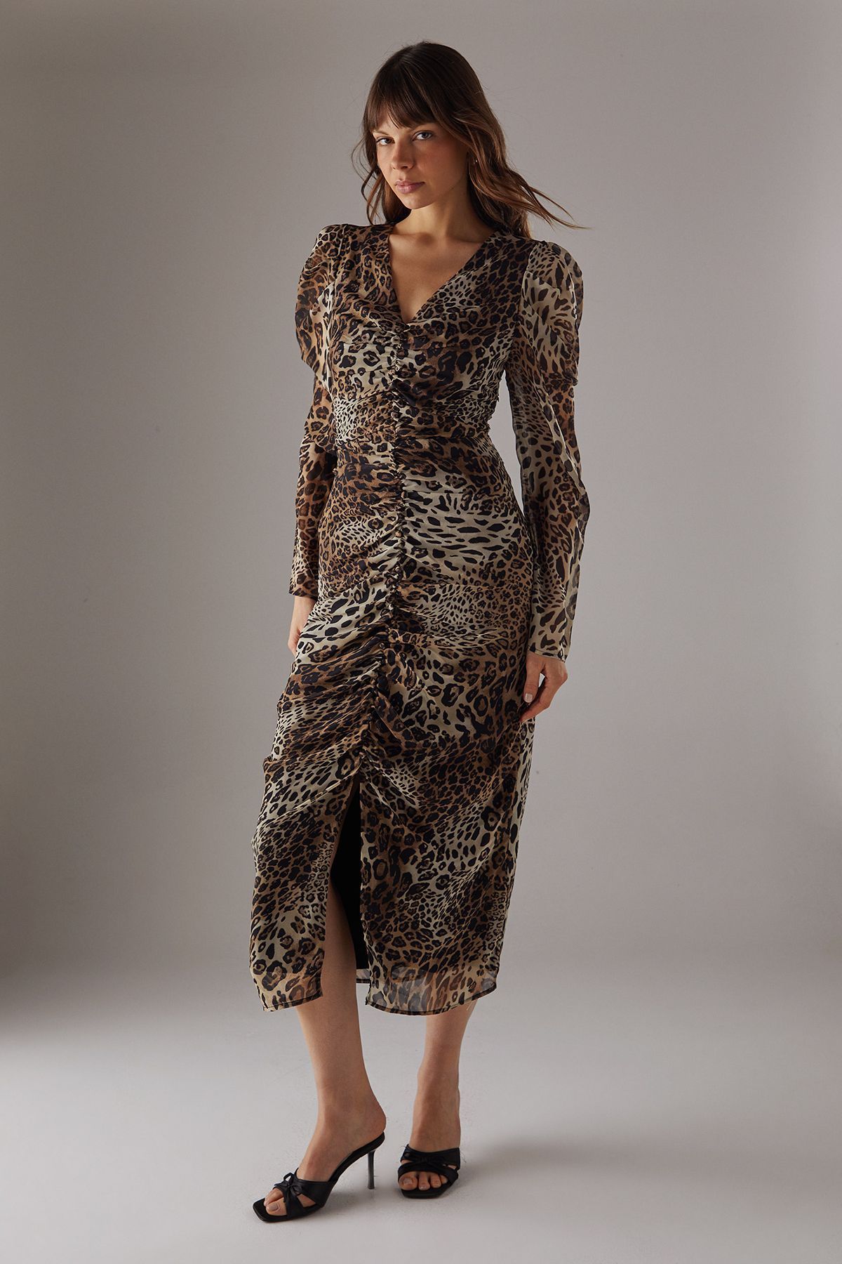 Warehouse Animal Chiffon Ruched Plunge Button front Midi Dress Animal