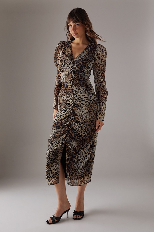 Warehouse Animal Chiffon Ruched Plunge Button front Midi Dress Animal