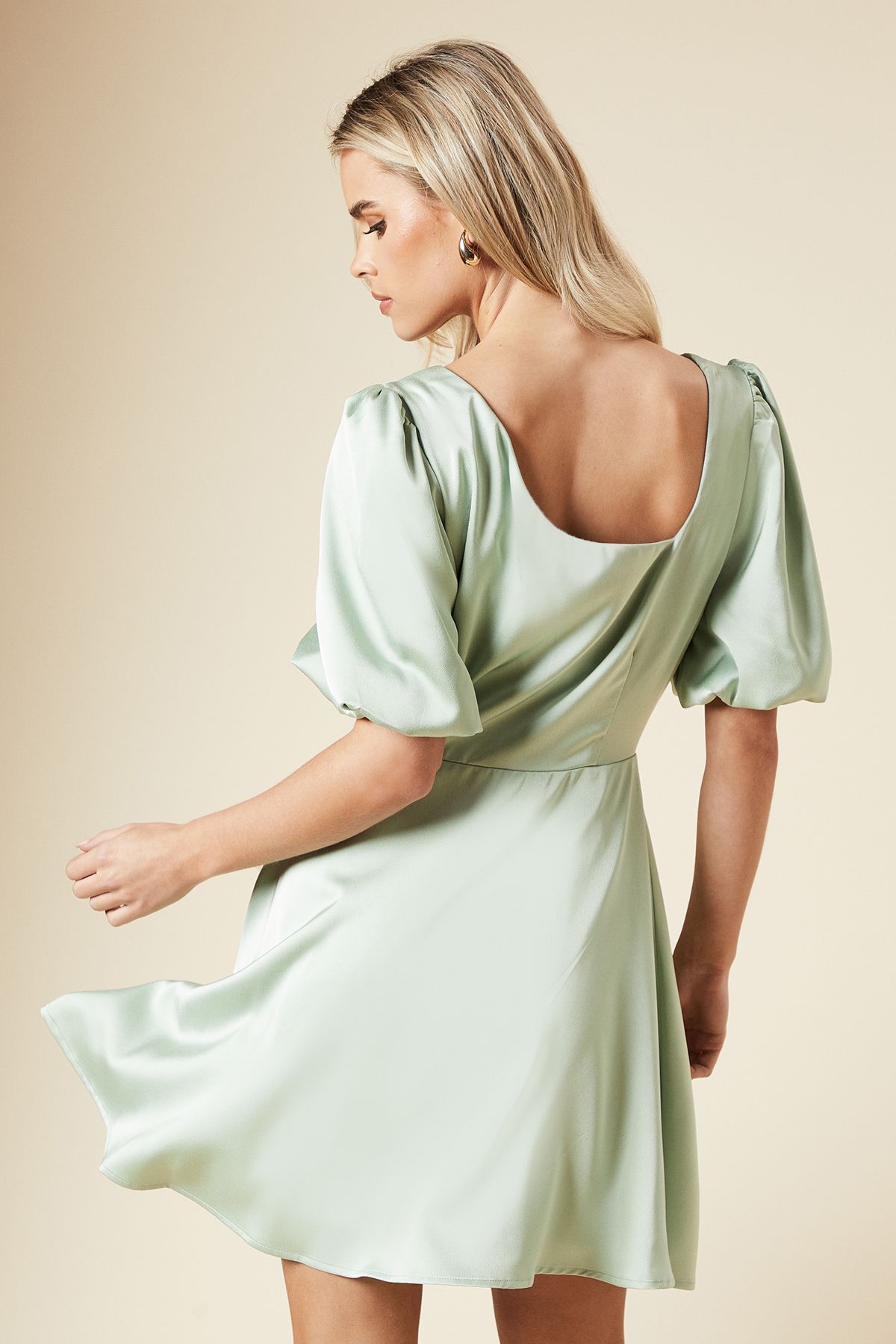 Dorothy Perkins Petite DP Luxe Square Neck Puff Sleeve Mini Dress Sage image 3