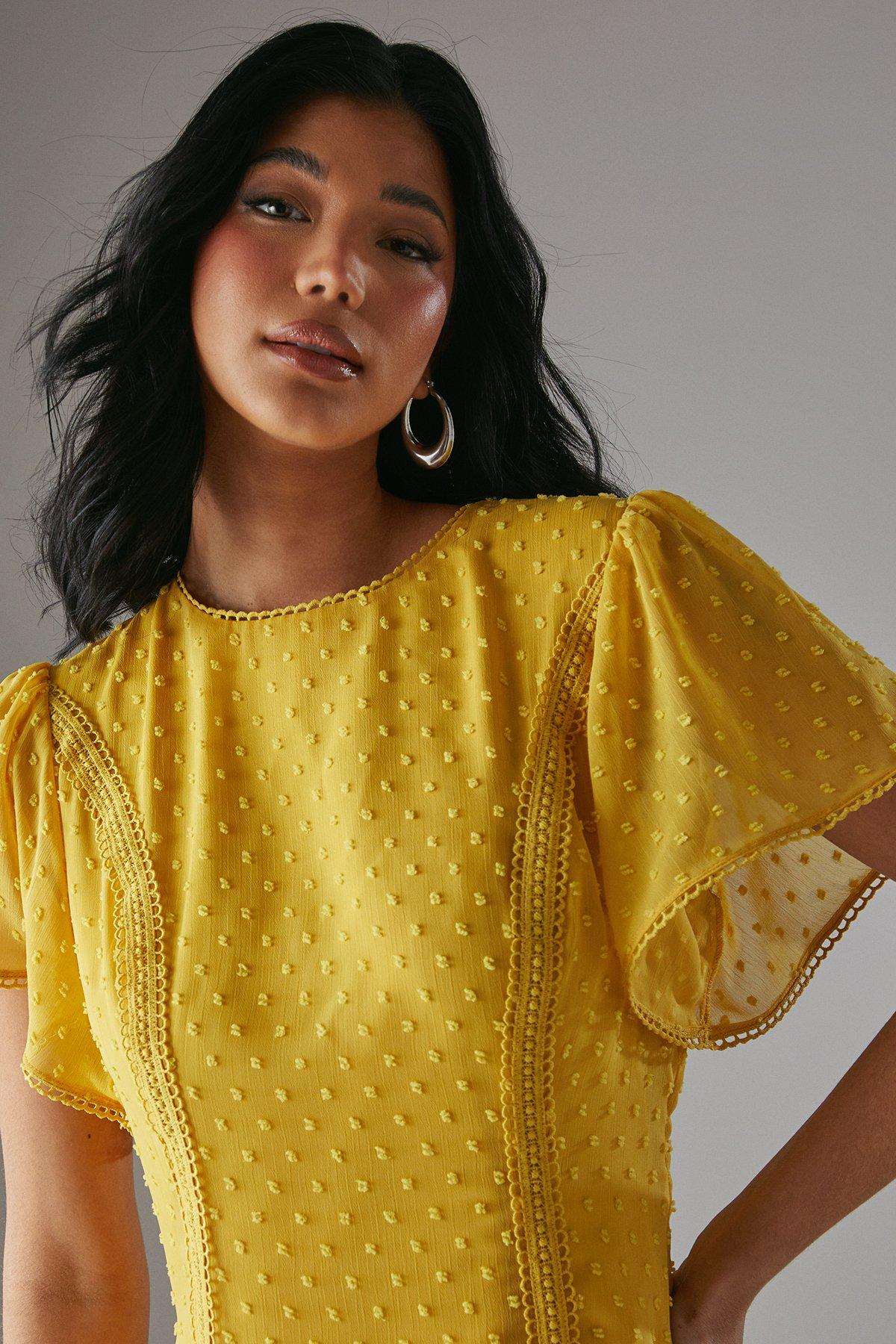 Warehouse HCD Dobby Chiffon Lace Trim Ruffle Mini Dress Mustard image 3