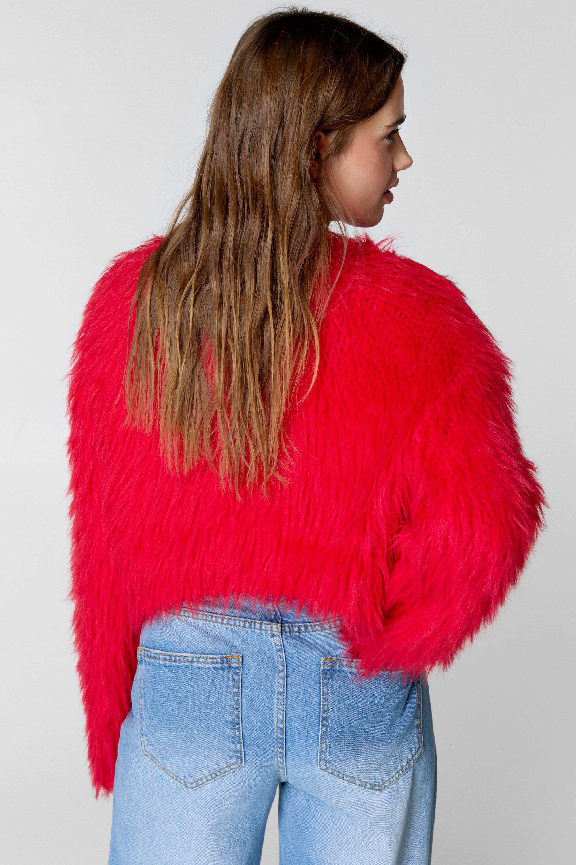 NastyGal Light Red Shaggy Cropped Cardigan PLT - Main Image