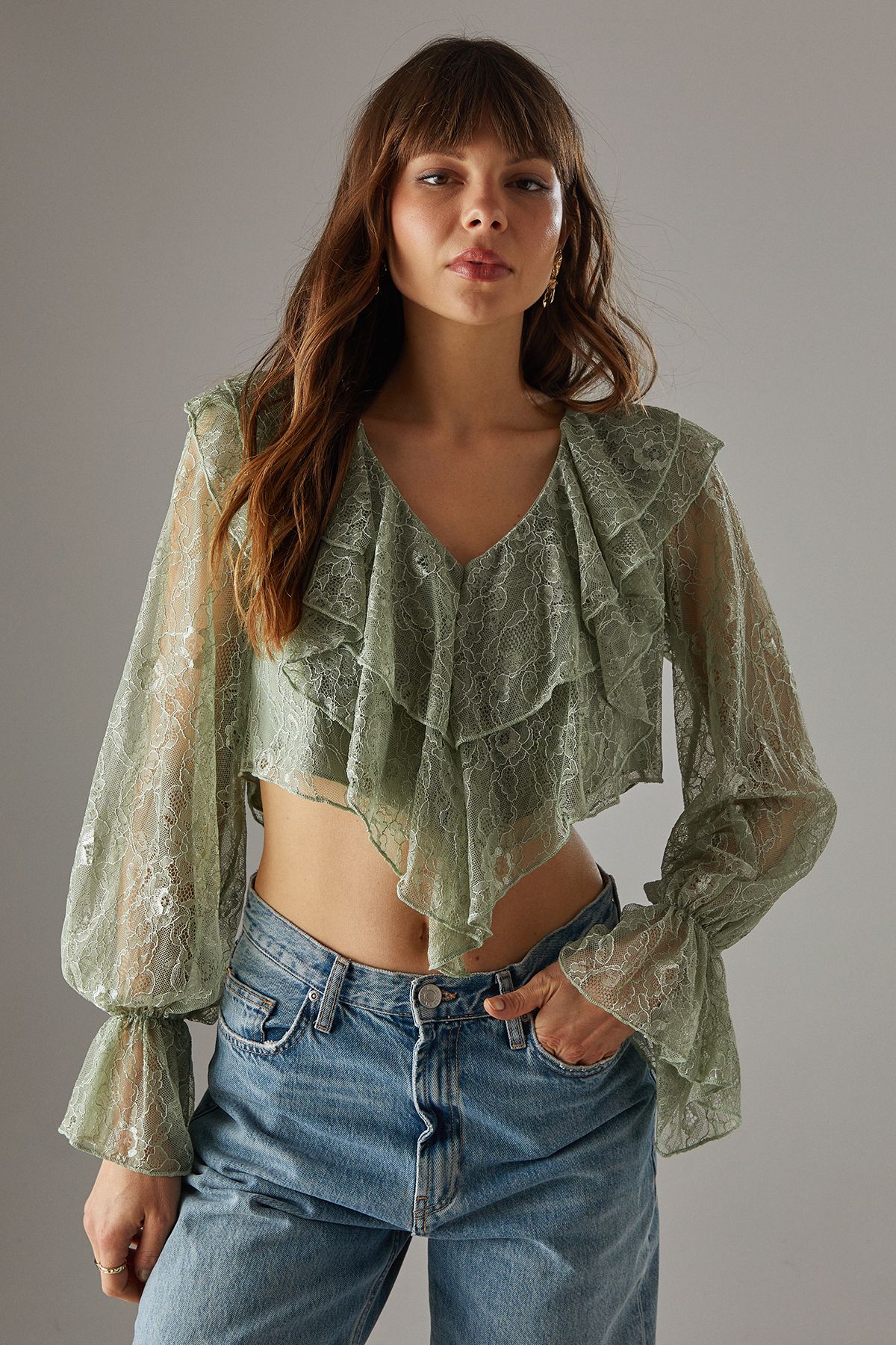 Warehouse Lace Double Ruffle Blouson Blouse Khaki image 1