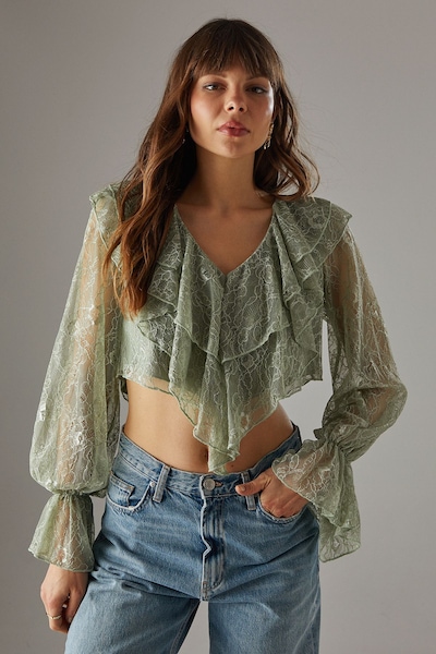 Warehouse Lace Double Ruffle Blouson Blouse Khaki