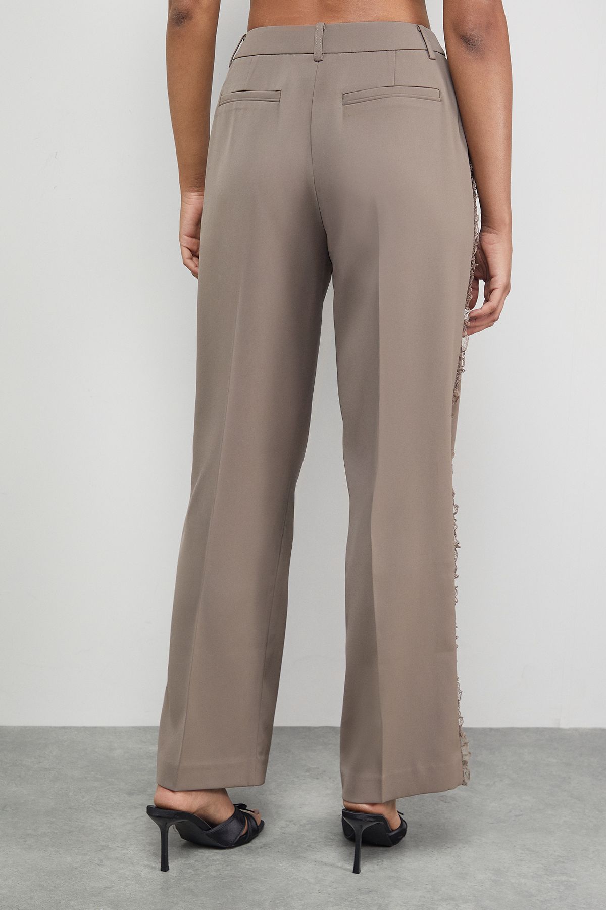 Warehouse Lace Frill Trim Wide Leg Trouser Mocha image 3