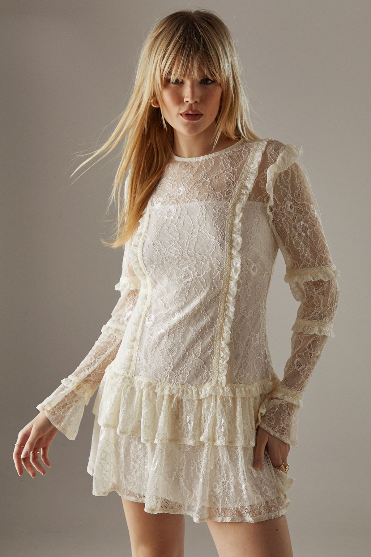 Warehouse Lace Ruffle Insert Mini Dress Cream image 1