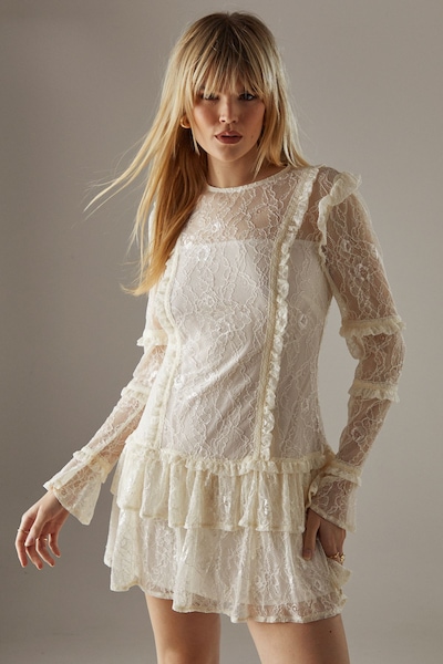 Warehouse Lace Ruffle Insert Mini Dress Cream
