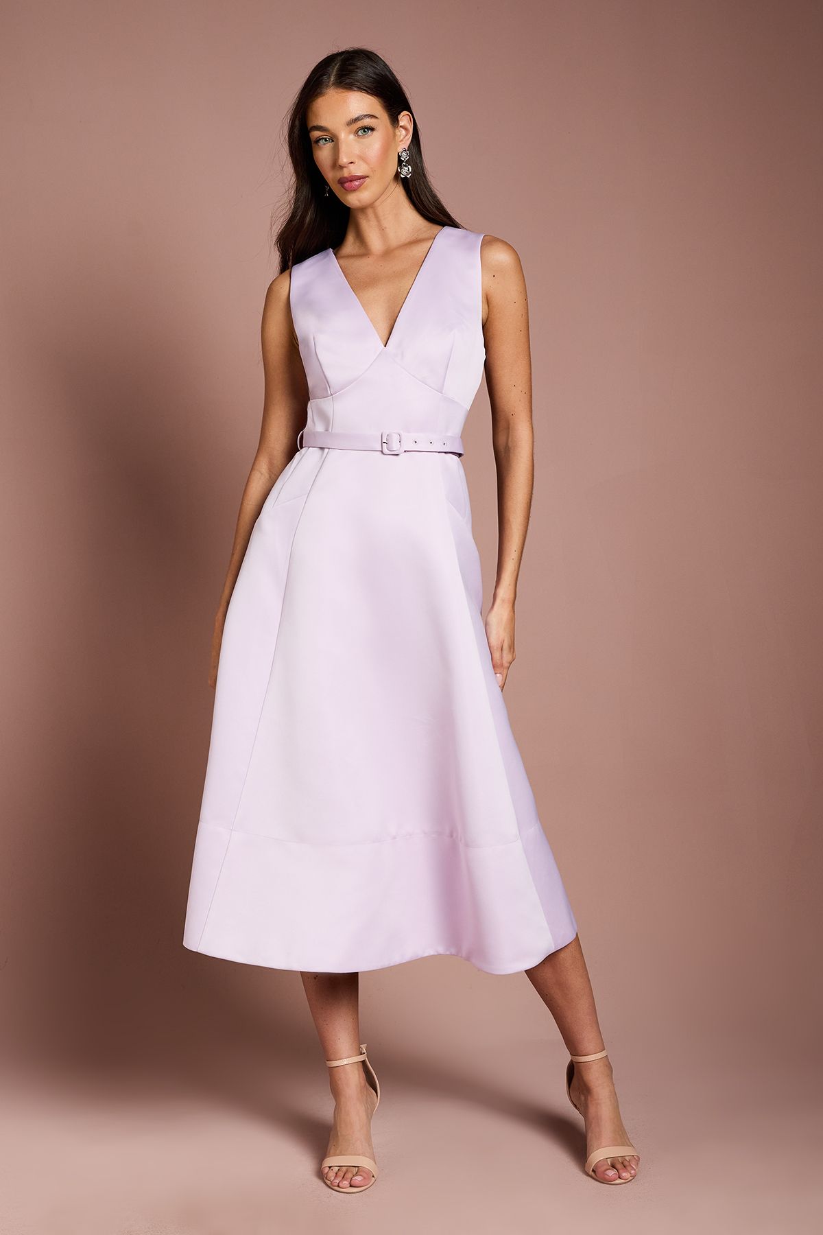 Coast V Neck Structured Satin Belted Midi Dress Lilac