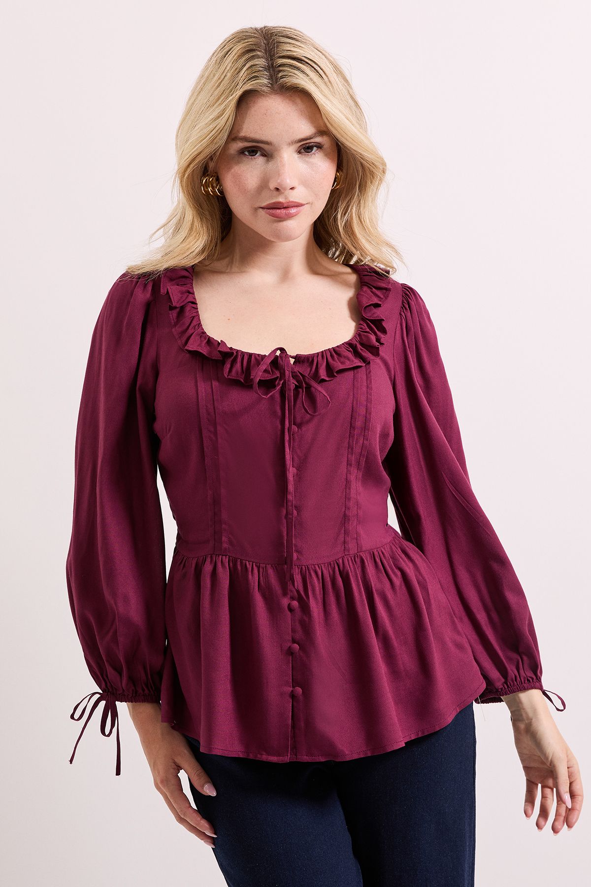 Dorothy Perkins Frill Neckline Button Down Top Plum image 2