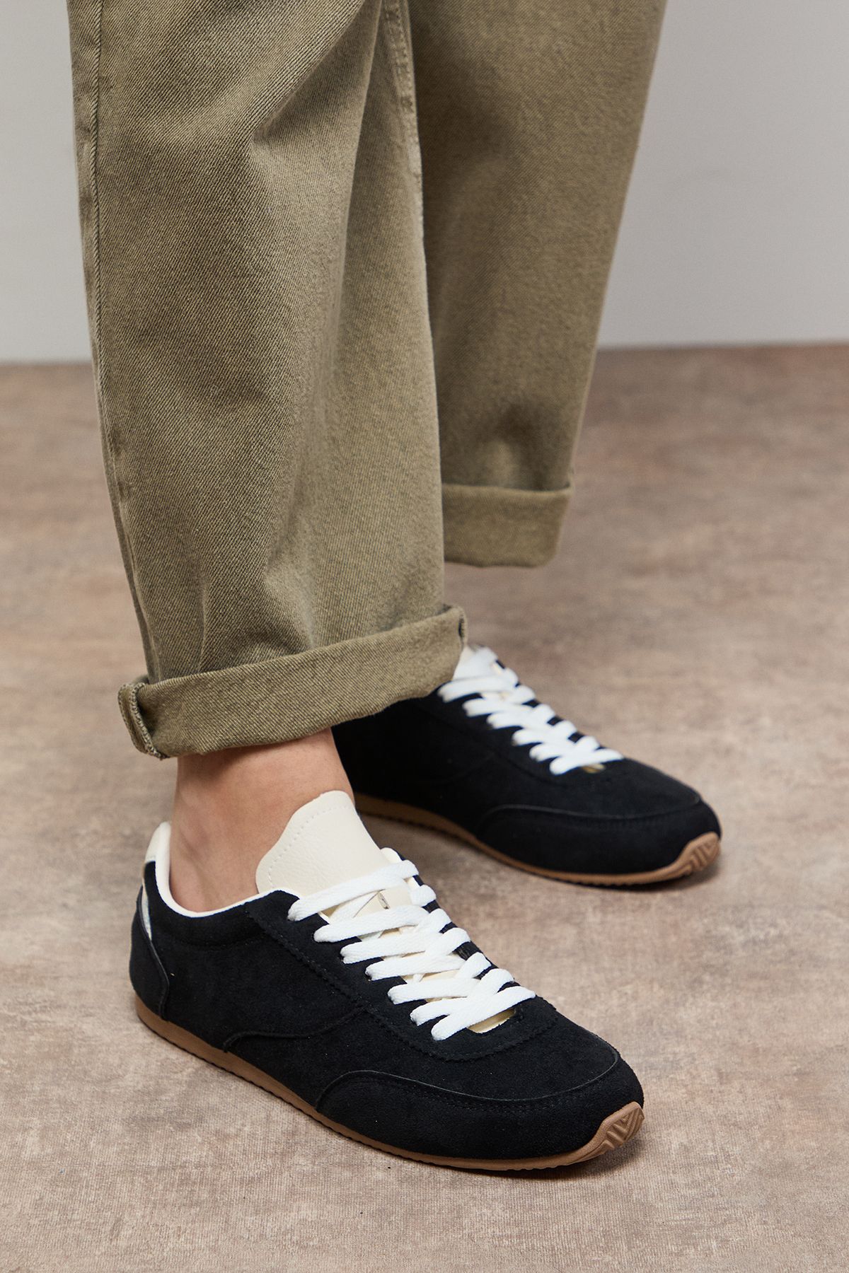 Oasis Jenny Faux Suede Lace Up Trainers Natural Black image 2