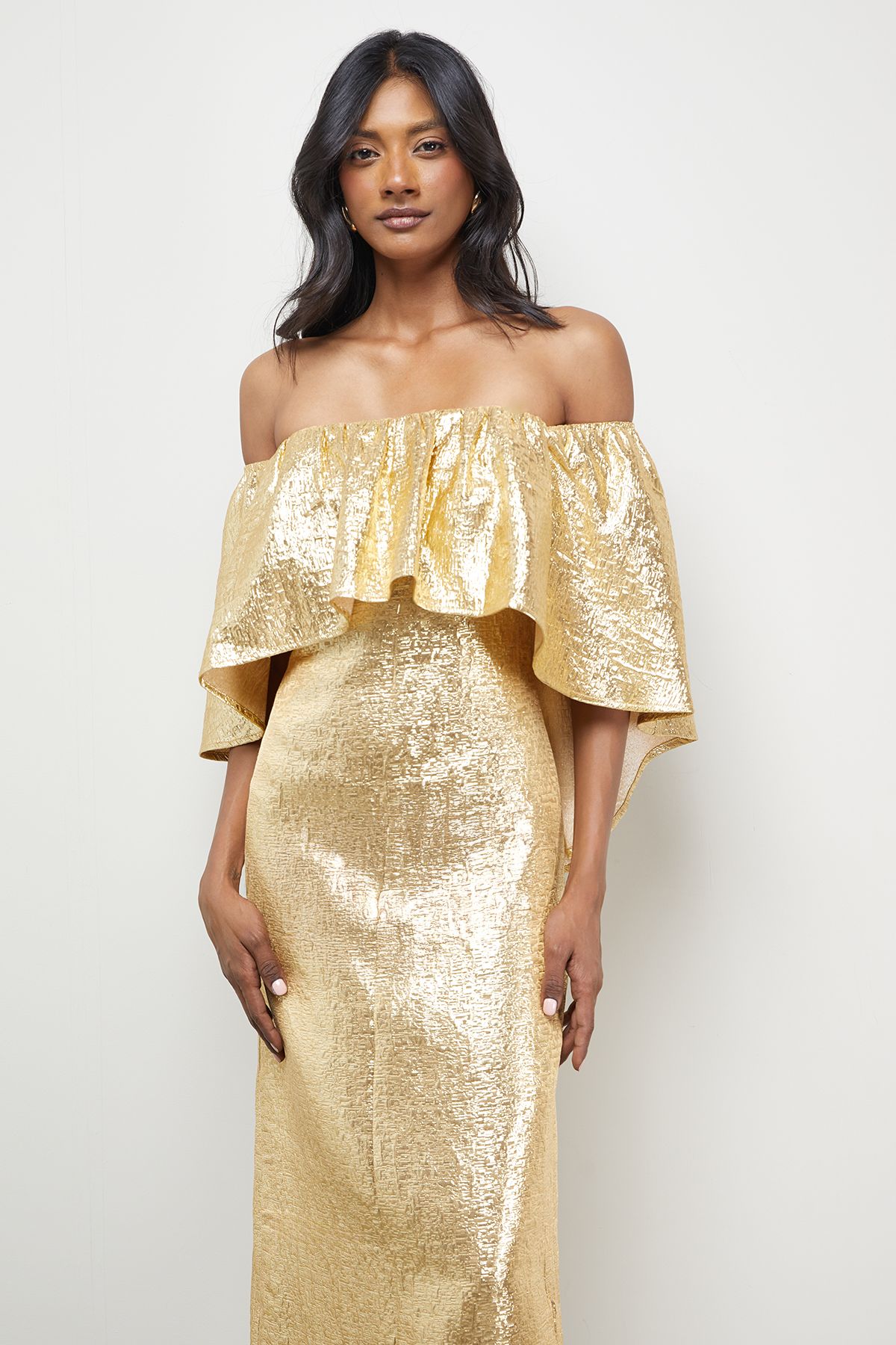 Warehouse Metallic Jacquard Volume Bardot Midi Dress Gold image 2