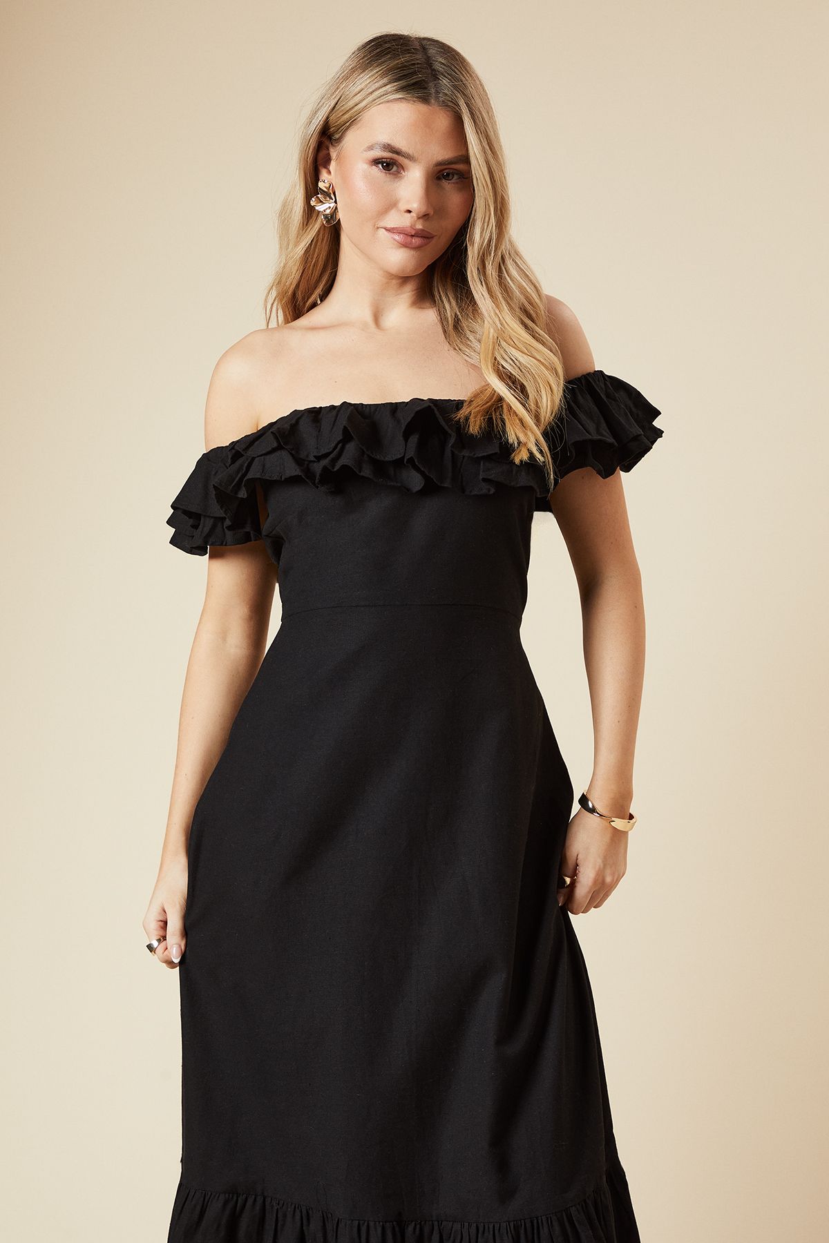 Dorothy Perkins Ruffle Bardot Linen Midi Dress Black image 2