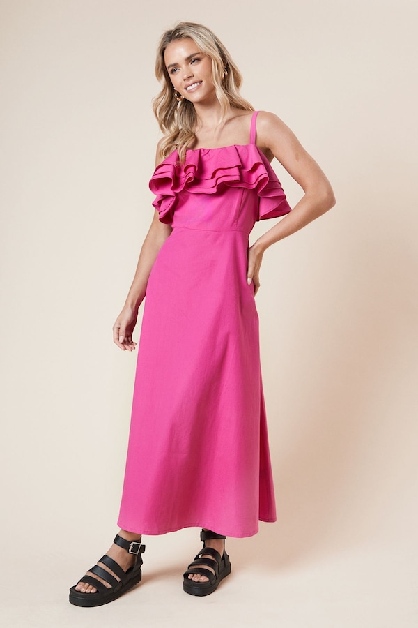 Dorothy Perkins Petite Tiered Frill Neckline Poplin Maxi Dress Pink