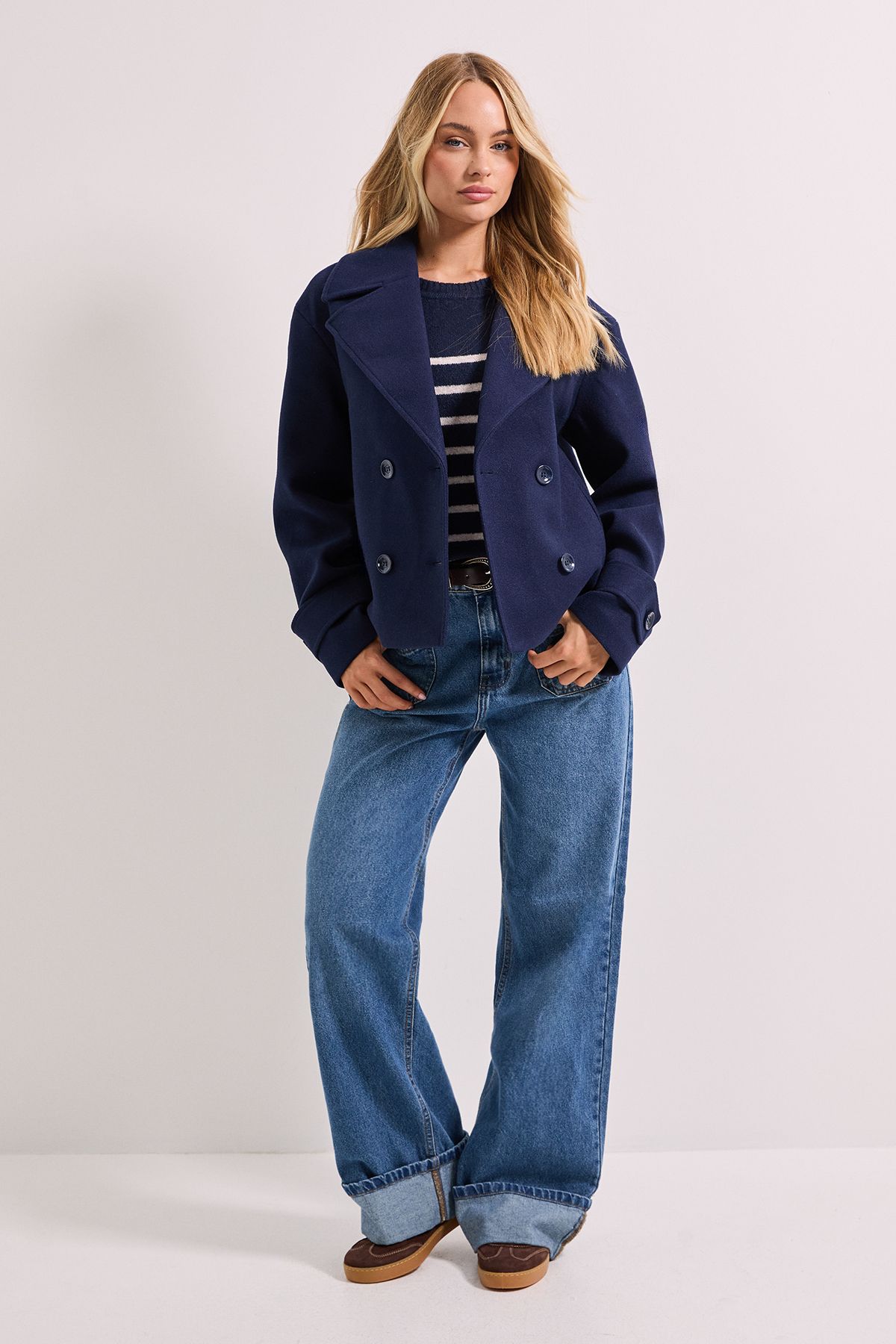 Dorothy Perkins Cuff Detail Wide Collared Short Coat Navy image 1