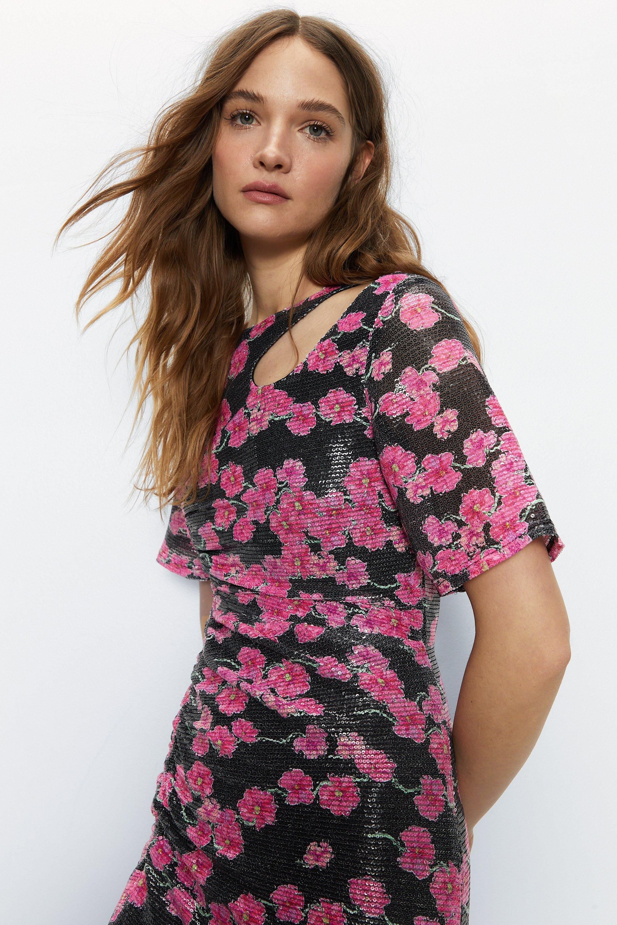 Warehouse Printed Sequin Ruched Side Midi Dress Black image 2