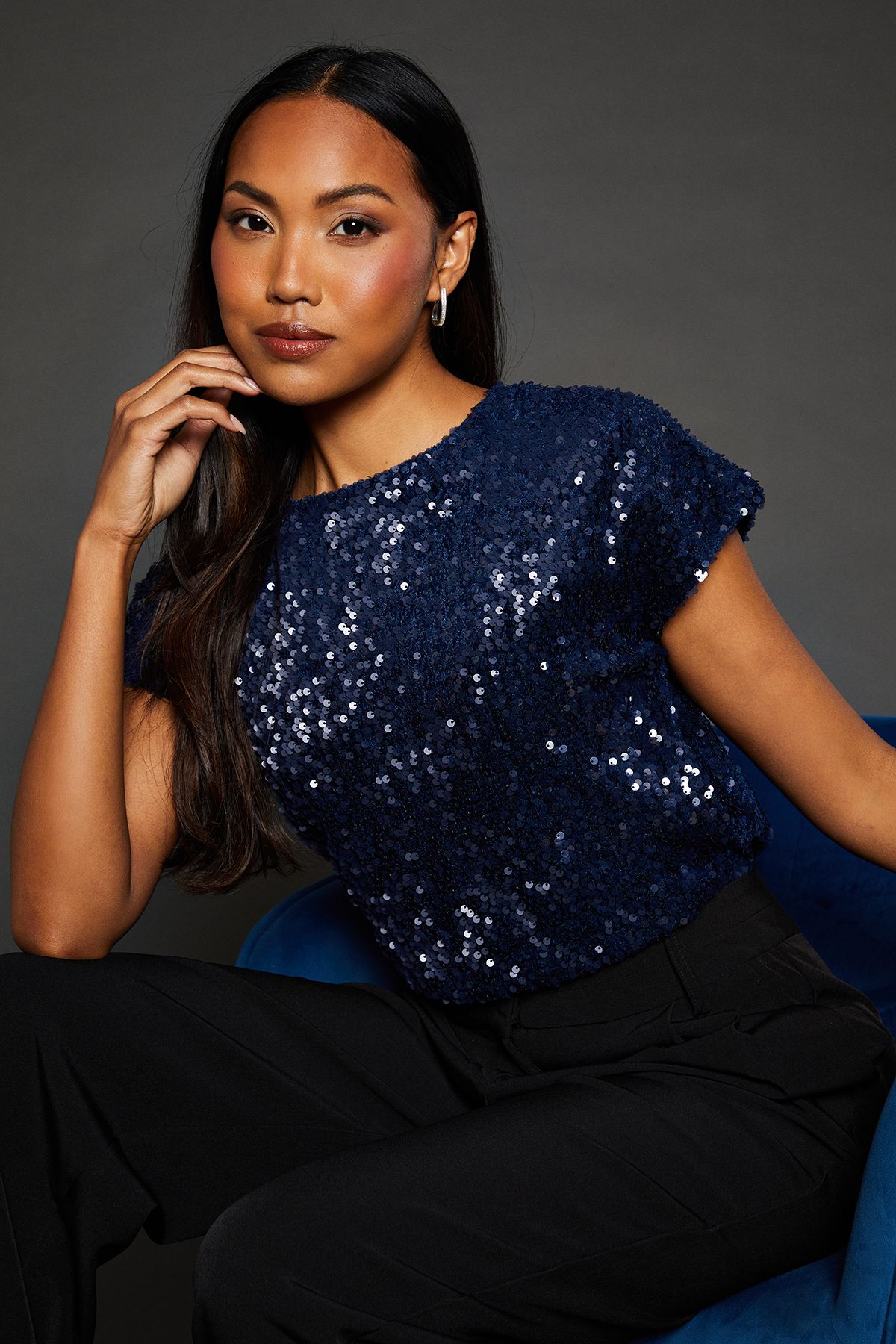 Principles Navy Sequin Velvet T-shirt Navy image 1