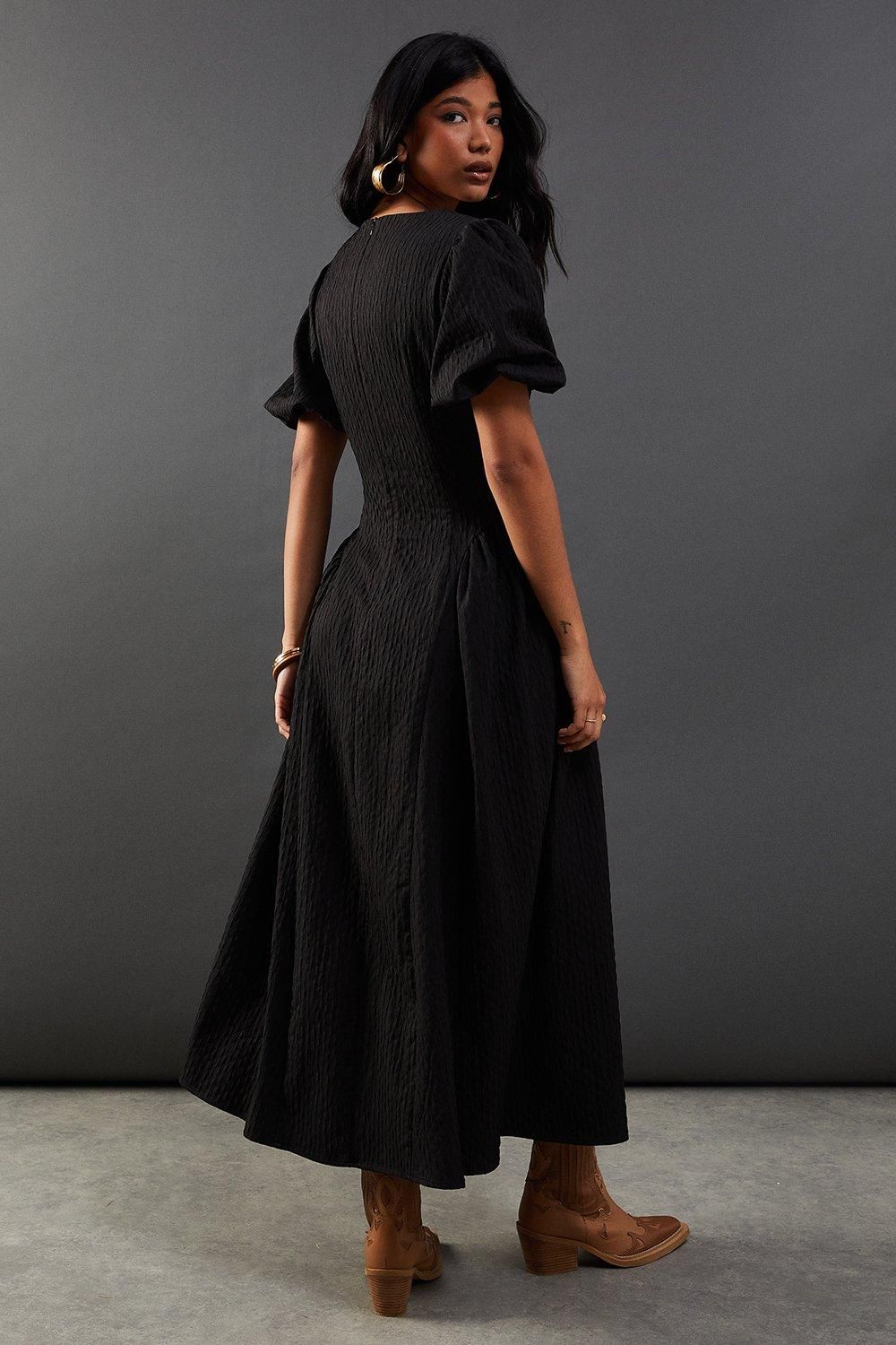 Warehouse Seersucker Organza Godet Side Puff Sleeve Midi Dress Black image 3