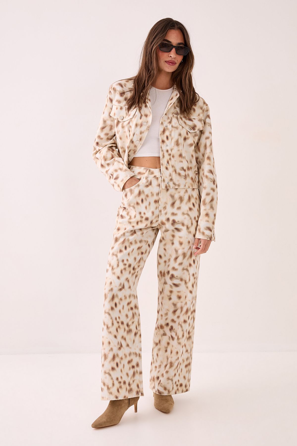 NastyGal Deer Print Ovoid Cropped Denim Jacket Cream image 2