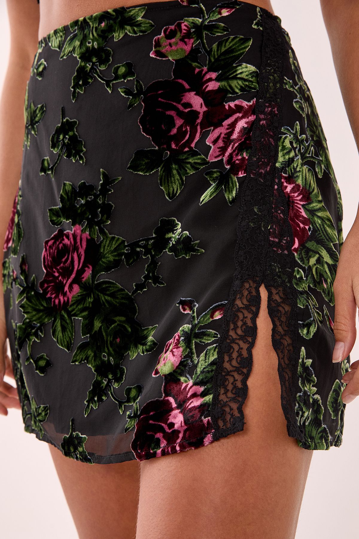 NastyGal Floral Devore Lace Trim Split Mini Skirt Green image 4