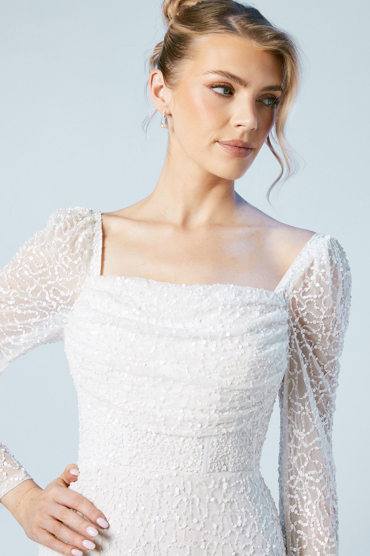 Coast Sequin Flare Sleeve Column Wedding Midi Dress Ivory image 4