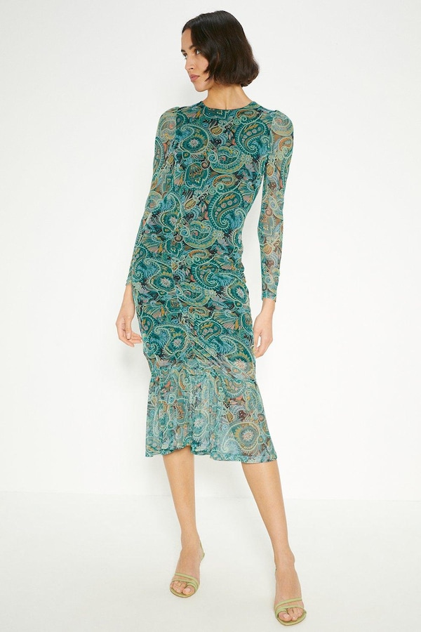 Oasis Paisley printed gauged front midi dress Multi