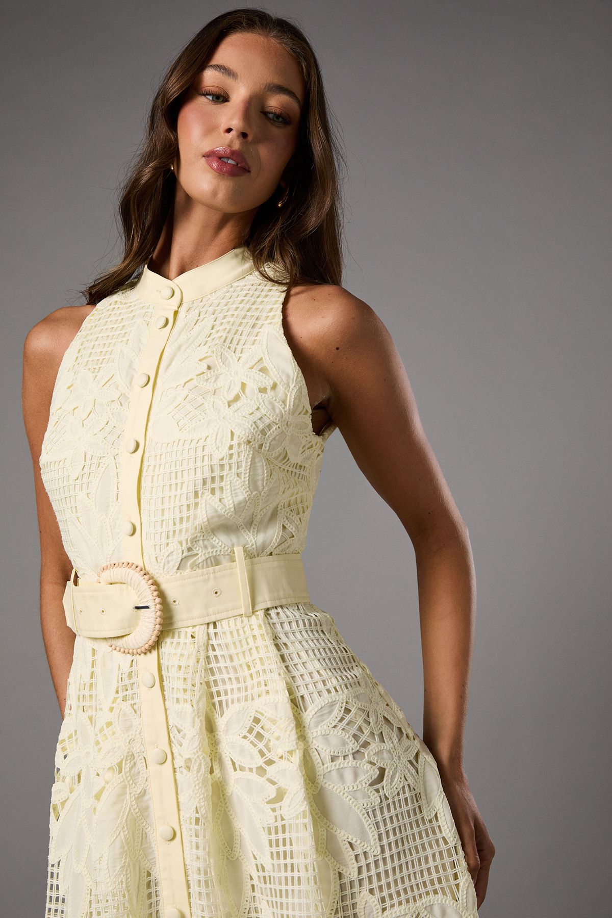 Coast Belted Sleeveless Cutwork Lace Midi Dress Lemon image 4